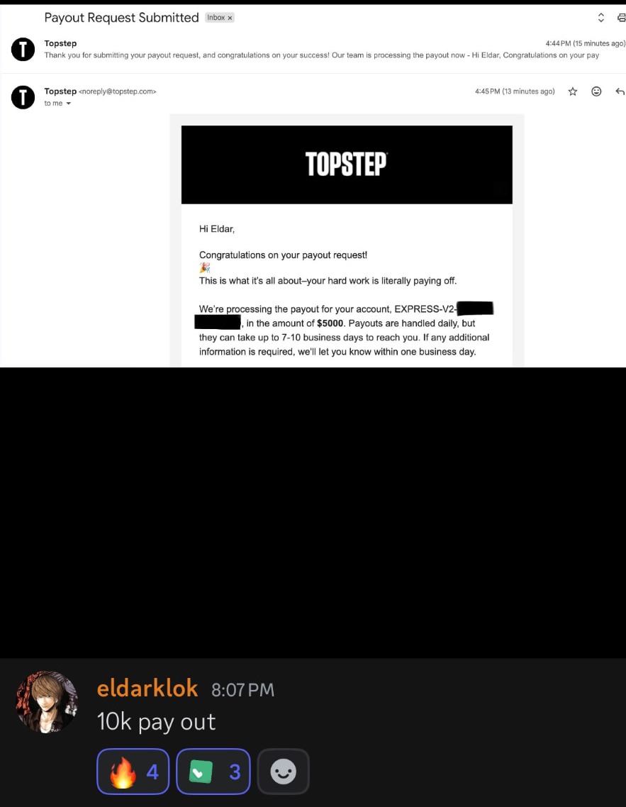 Member securing a 10K payout from Topstep