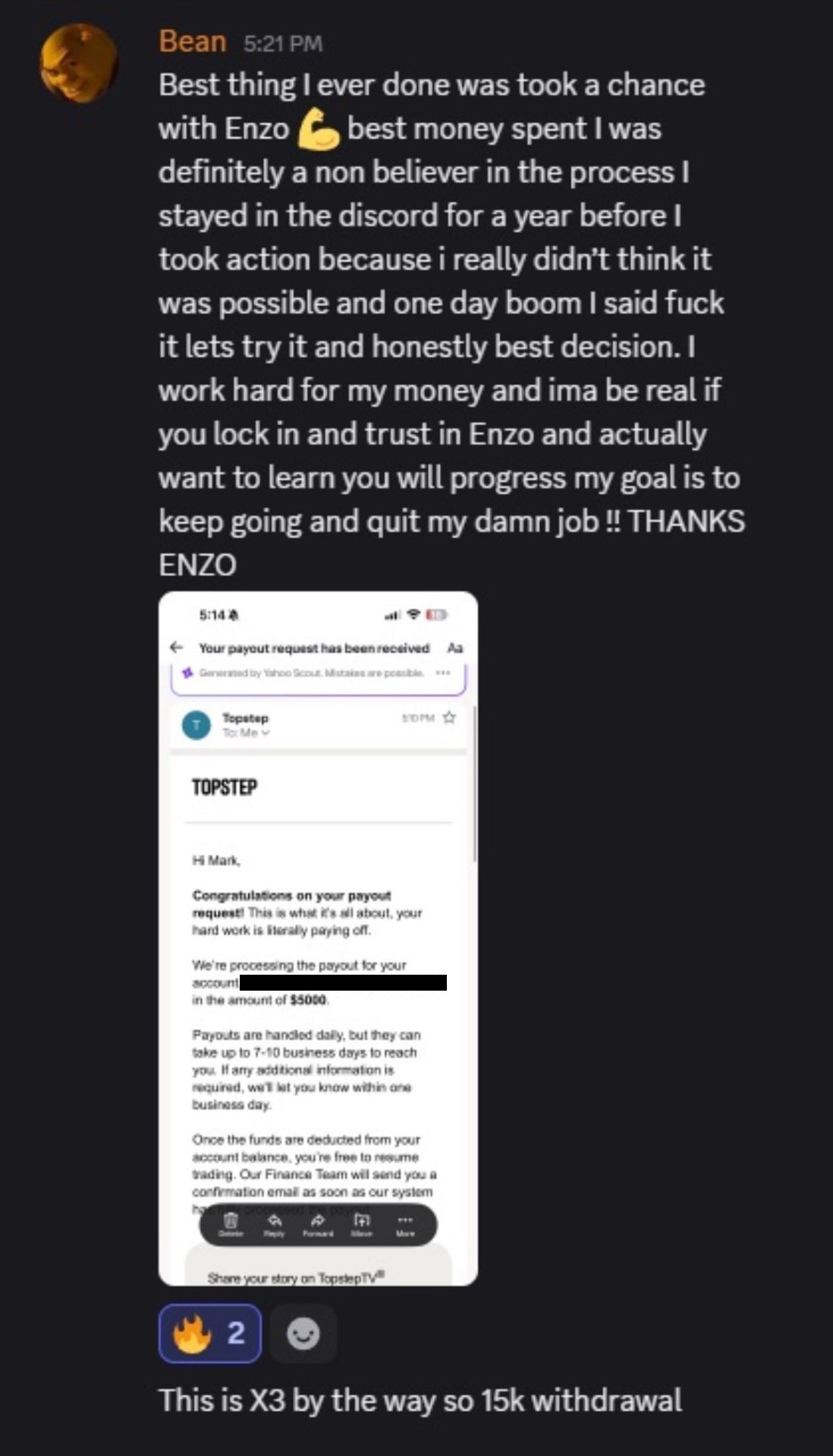 Member sharing a $5,000 Topstep payout email, taken three times over