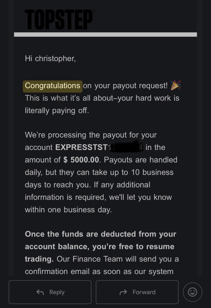 Topstep payout confirmation for $5,000