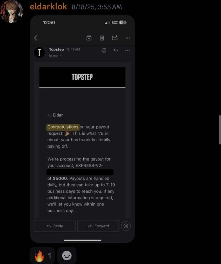 Topstep payout email for $5,000 posted in the Discord