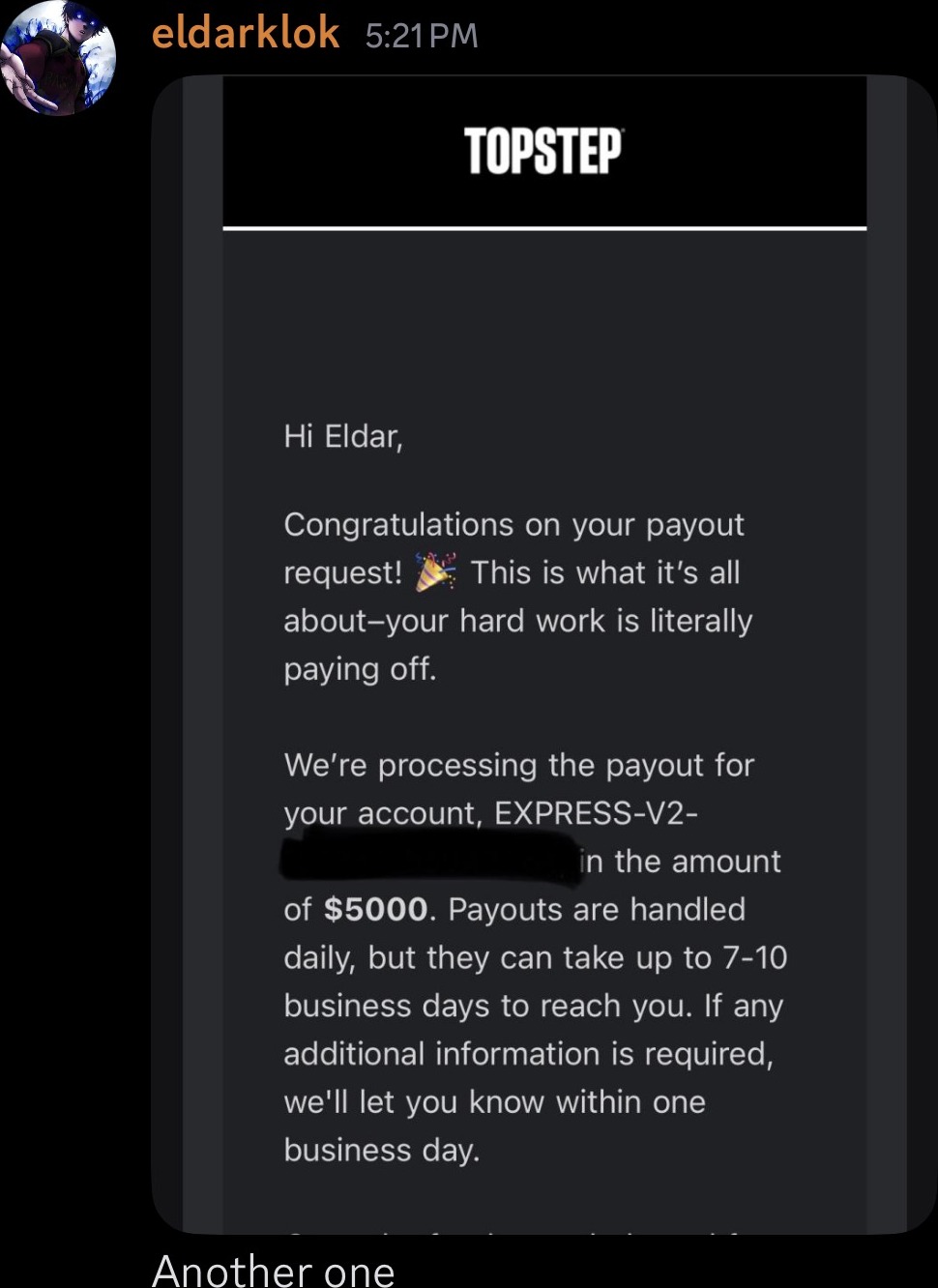 Topstep payout email for $5,000 posted in the Discord