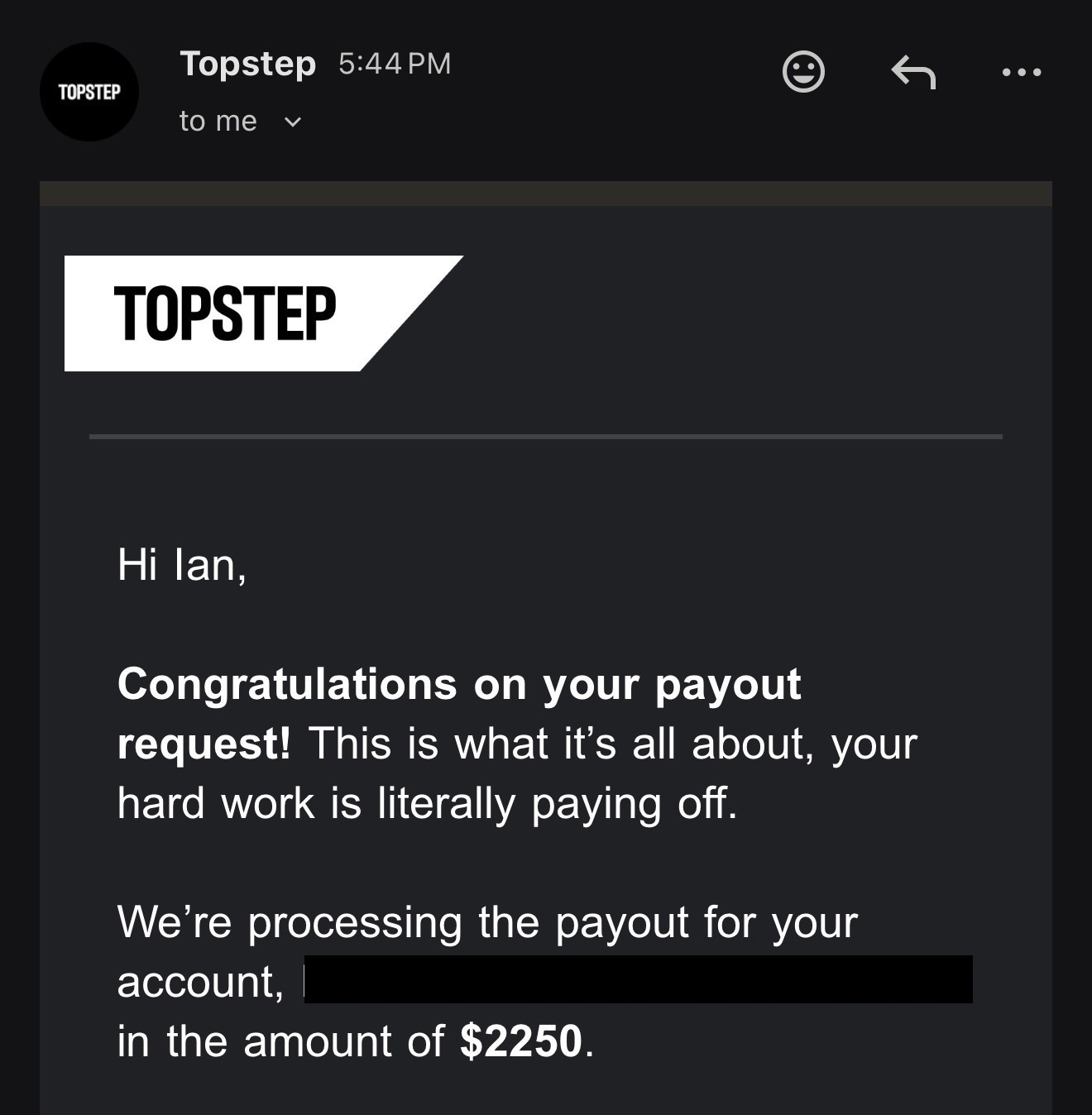 Topstep payout email for $2,250 shared by a member