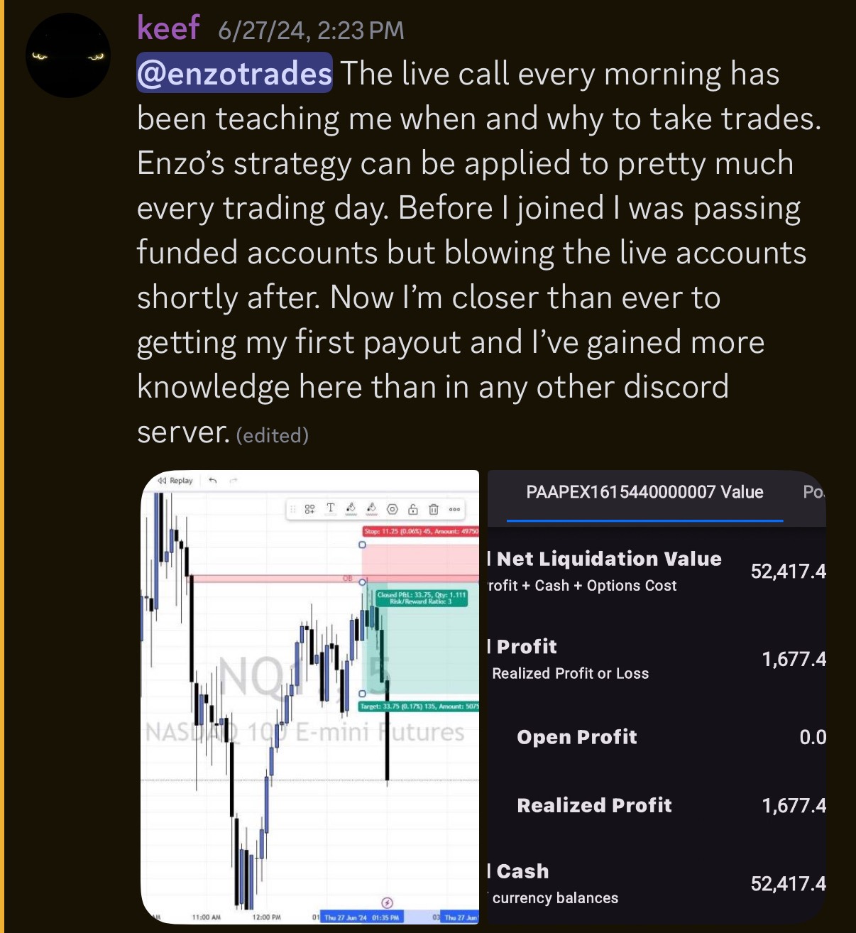 Member says the live calls taught him when and why to take trades