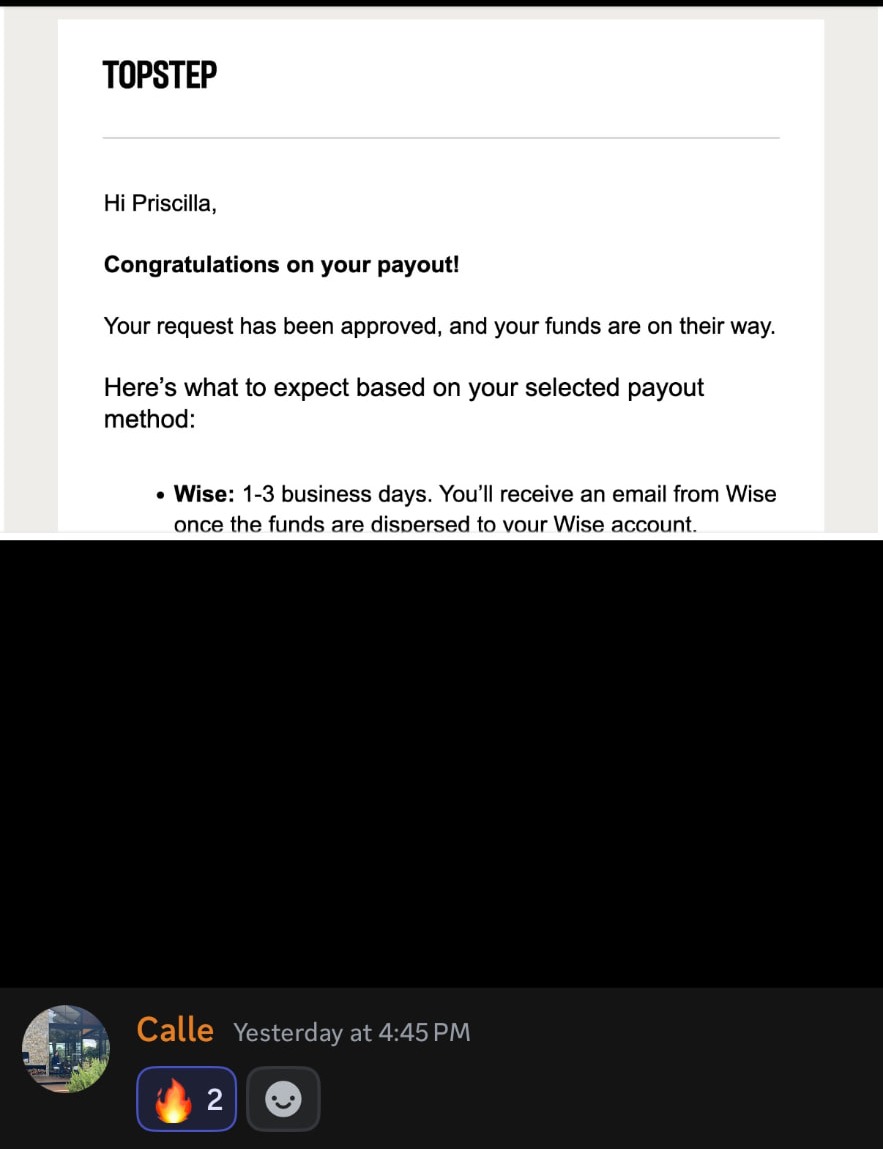 Topstep payout approval email posted in the Discord