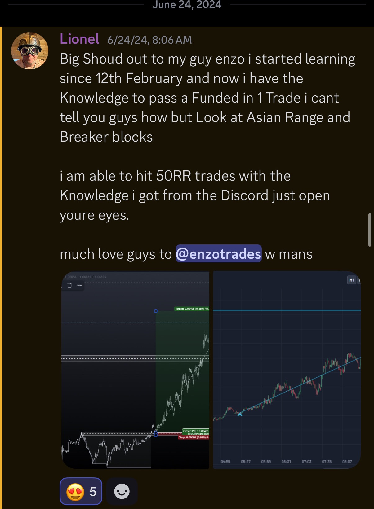 Member hitting 50RR trades after learning the Asian range and breaker blocks