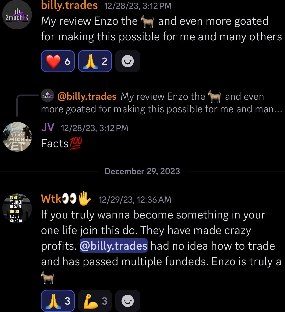 Members vouching for the room after passing multiple funded accounts