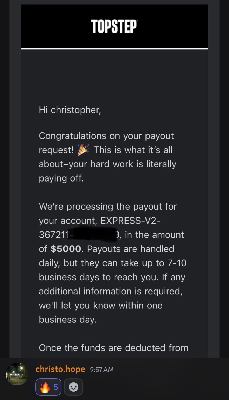 Another Topstep payout email for $5,000 shared in the room