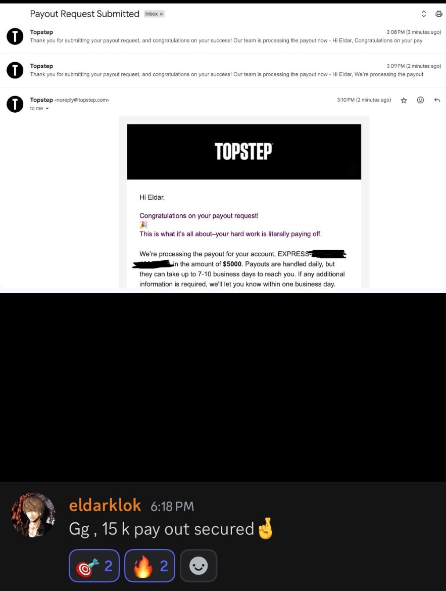 Member securing a 15K payout across three Topstep requests